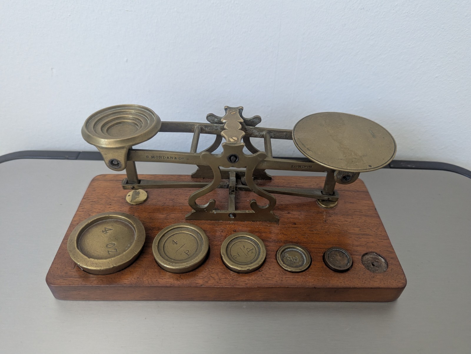 Antique Vintage English Postal Scale  Brass & Oak Wood S Mordan&Co.