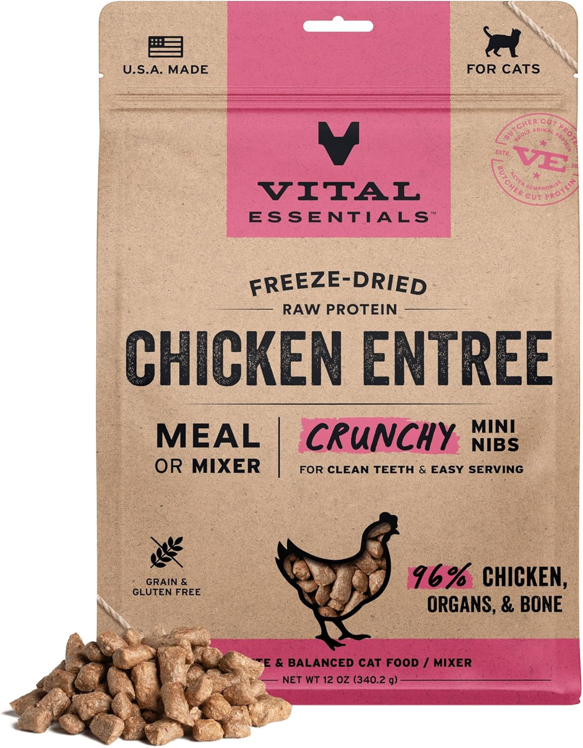 Freeze Dried Cat Food, Raw Chicken Crunchy Mini Nibs | Complete Meal or Topper |