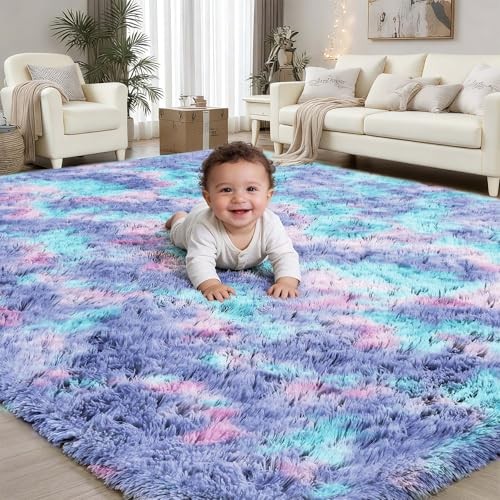 Rainbow 8x10 Fluffy Rugs for Girls Bedroom: Large Shag High Pile Area Rug 