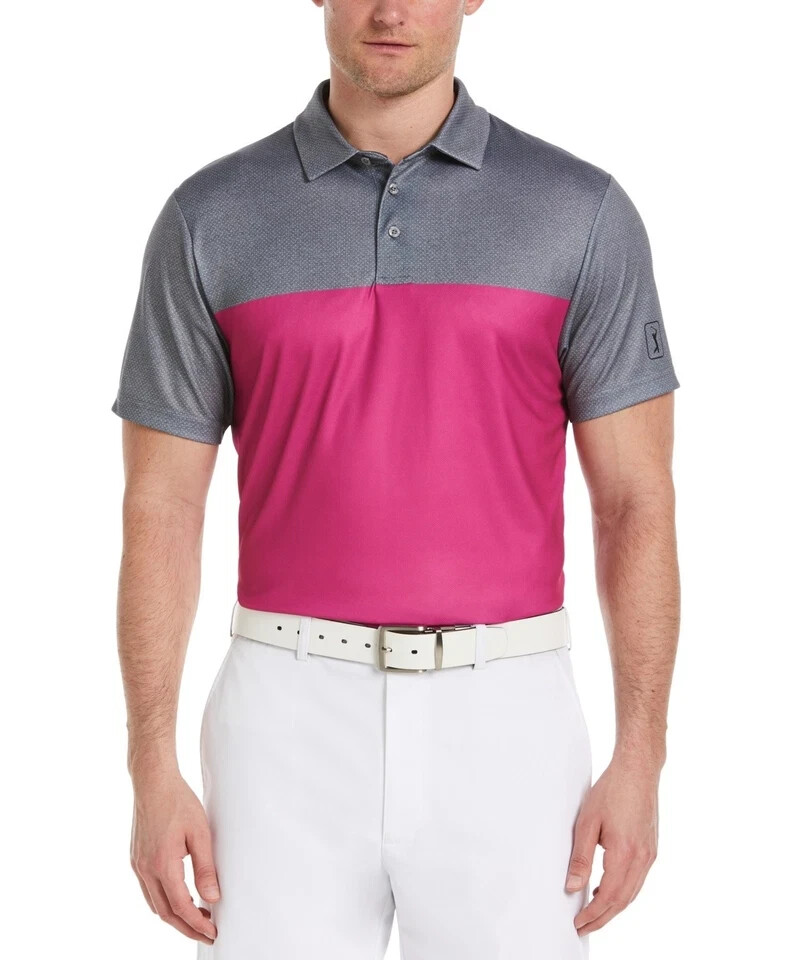 PGA TOUR Men's Airflux Colorblock Short-Sleeve Golf Polo Shirt Gray Pink XXL