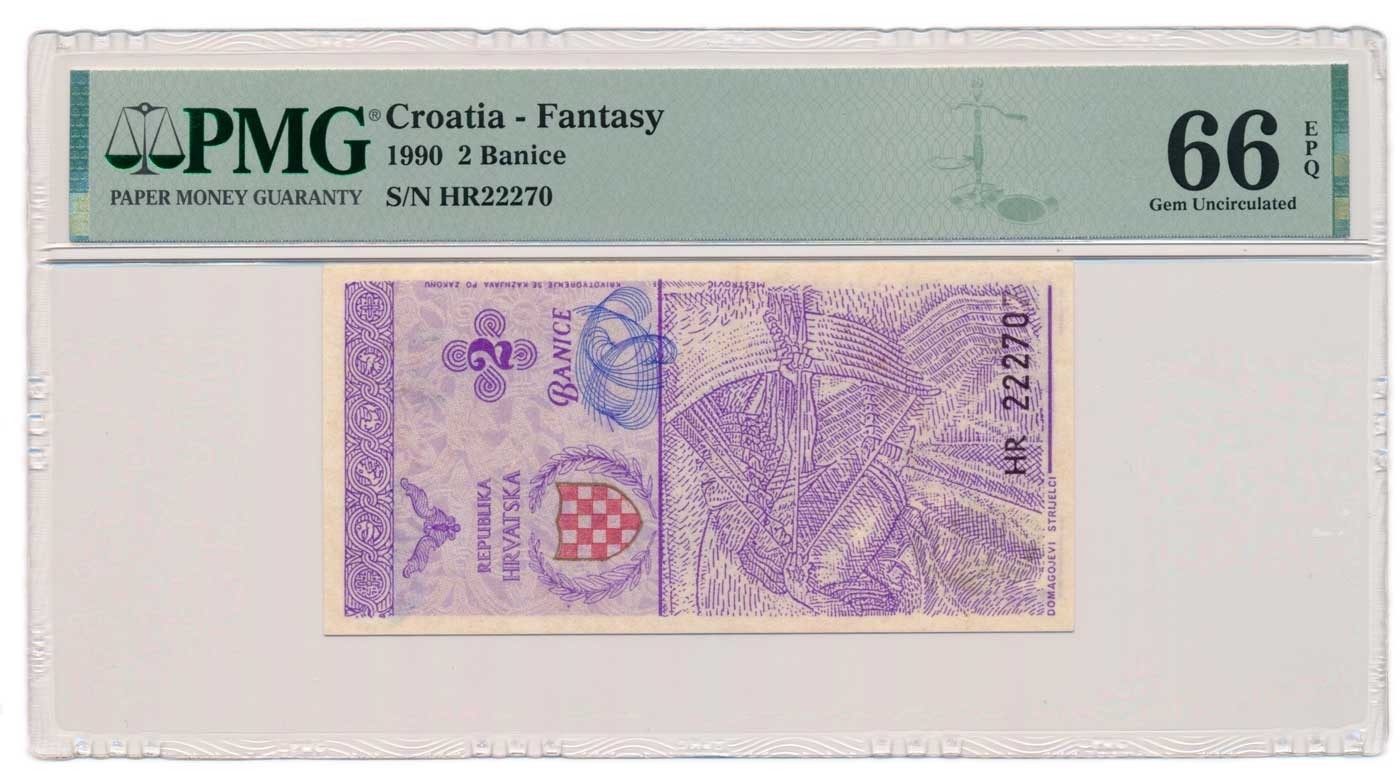 CROATIA banknote 2 Banice 1990 black HR serial PMG grade MS 66 EPQ Gem Unc