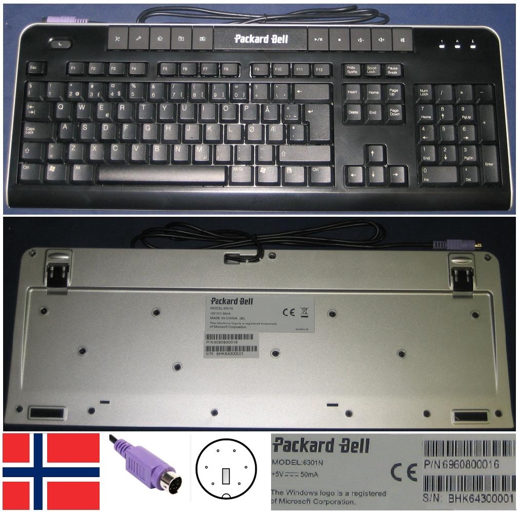 Keyboard Qwerty NO Norwegian Packard Bell 6301N 6960800016 Port PS/2