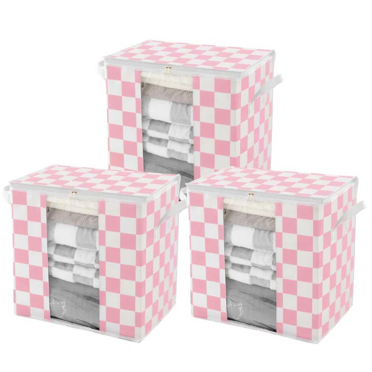 3 PCS Pink Checkered Clothes Storage Bin 100L Large Blanket Bag Organizer
