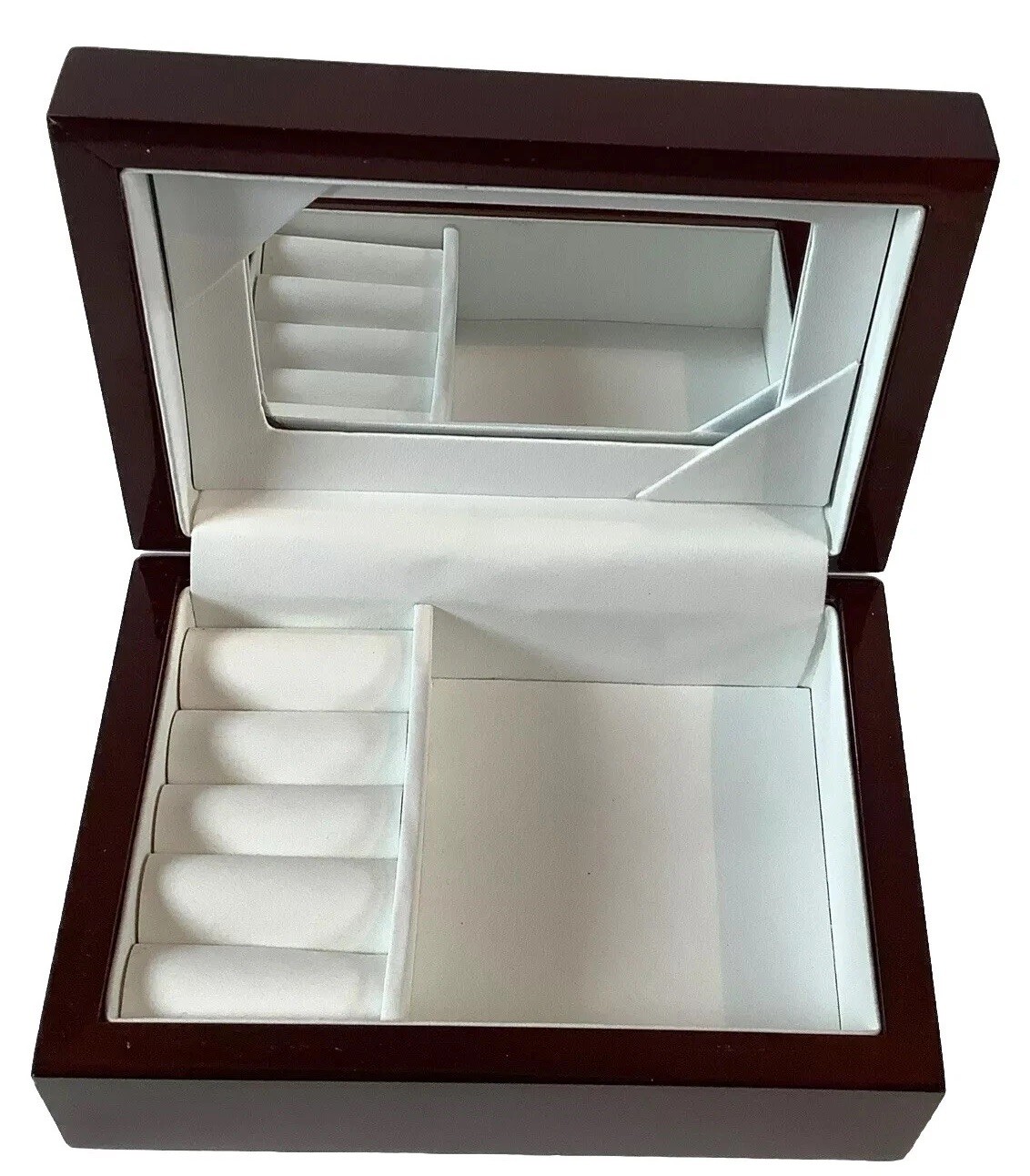 Wood Jewelry Box Cherry Ring Slots Mirror Ivory White Interior 6.5x4.5x2.5”