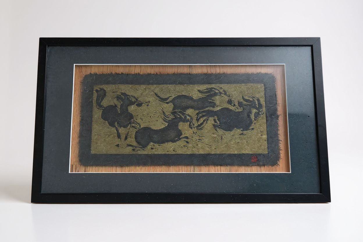 Framed Asian Ink Brush Horses Painting Art Signed Vintage 19" Length