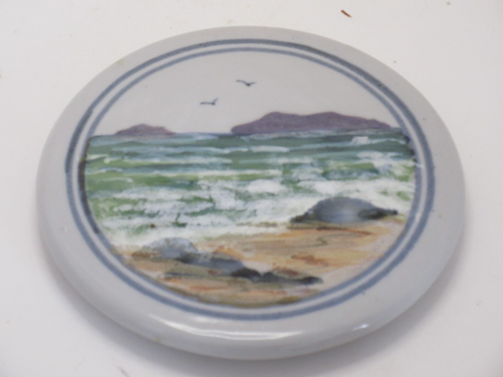 Old Vintage Highland Scotland Stoneware Hand Painted Seaside Scene Trivet 6" dia