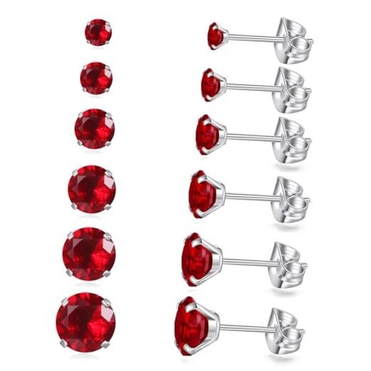 6 Pairs Stud Earrings Set, Hypoallergenic Cubic Zirconia Earrings 316L A-Red CZ