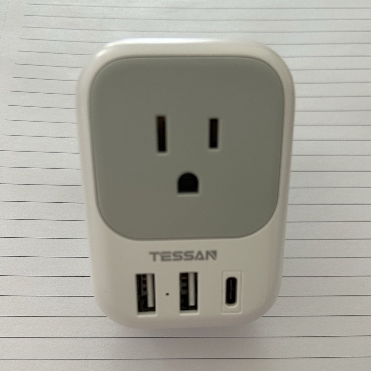 Tessan Type I Outlet Adapter 2 USB-A 1 USB-C Ports Indicator Light White Gray