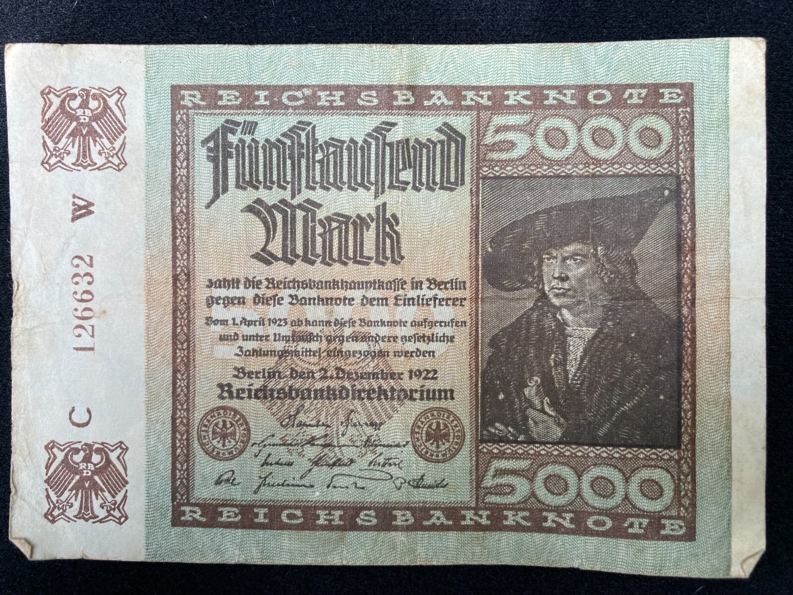 1922 DECEMBER 2ND,GERMANY 5000 MARK REICHSBANKNOTE