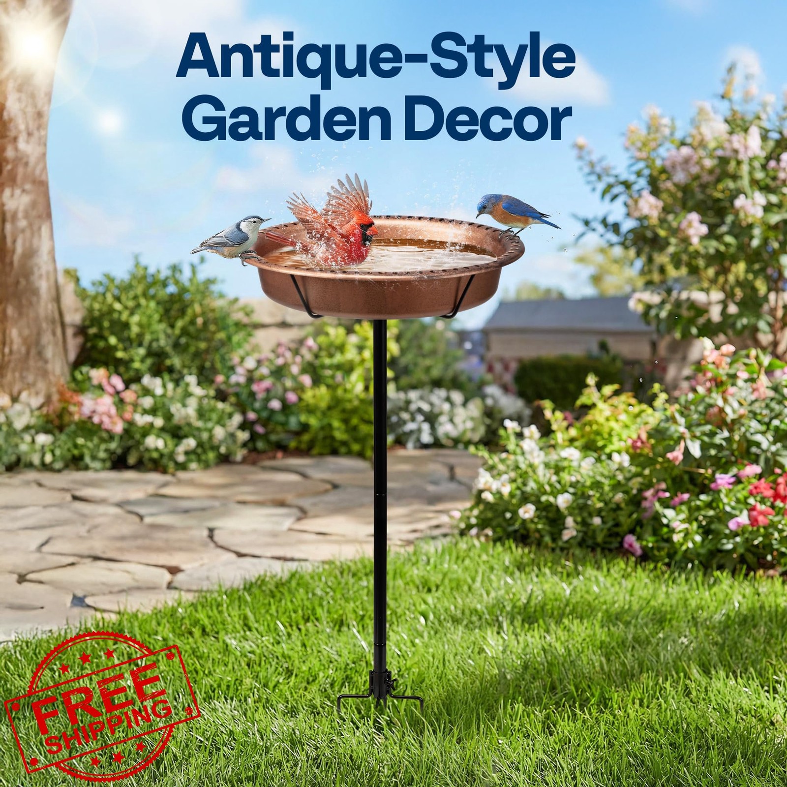 VIVOHOME Oval Bird Bath Bronze 1.3 Gal Metal Stake Outdoor Garden Feeder
