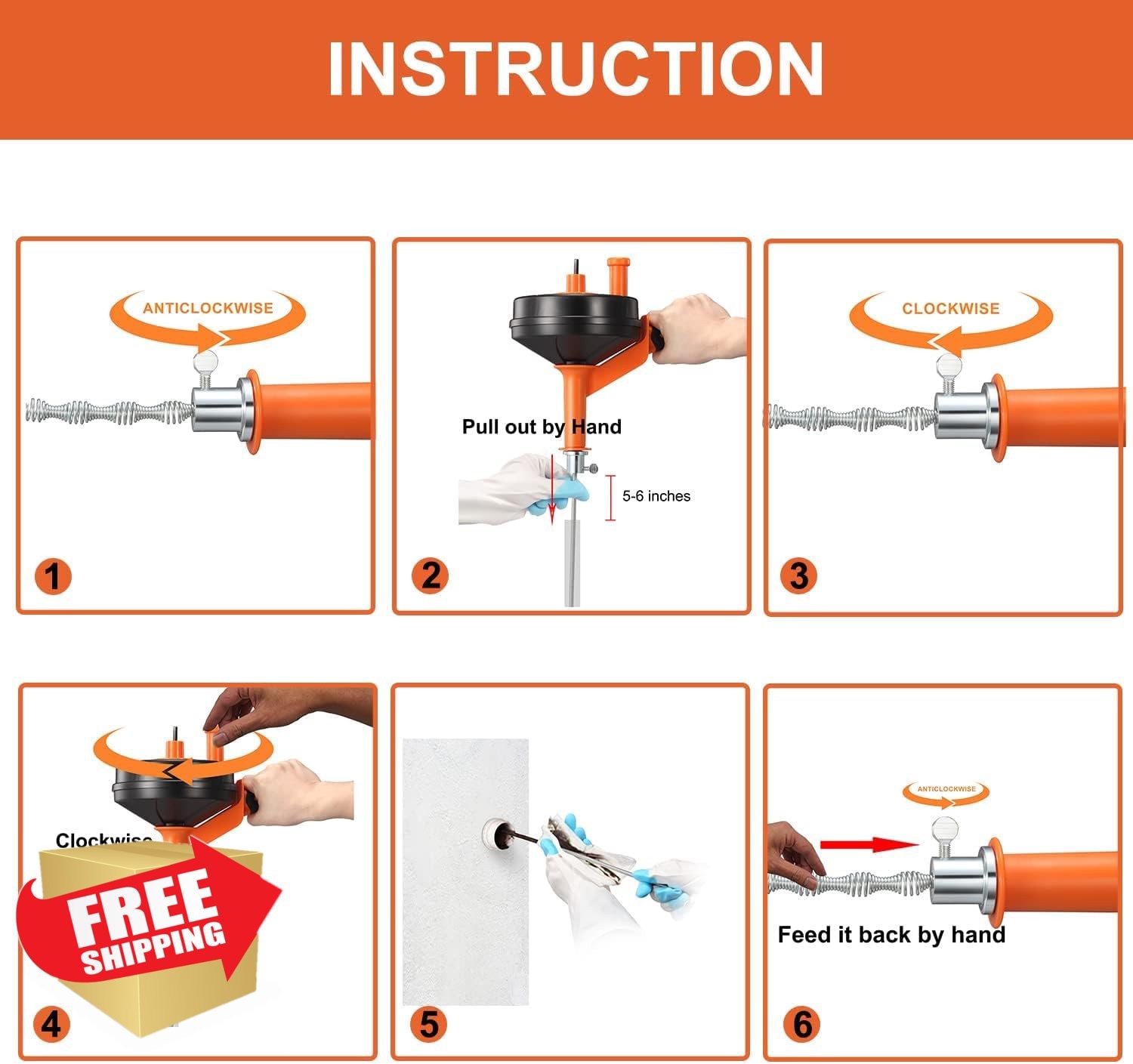 25ft Drain Auger Plumbing Snake Clog Remover, Orange, Manual/Drill Use