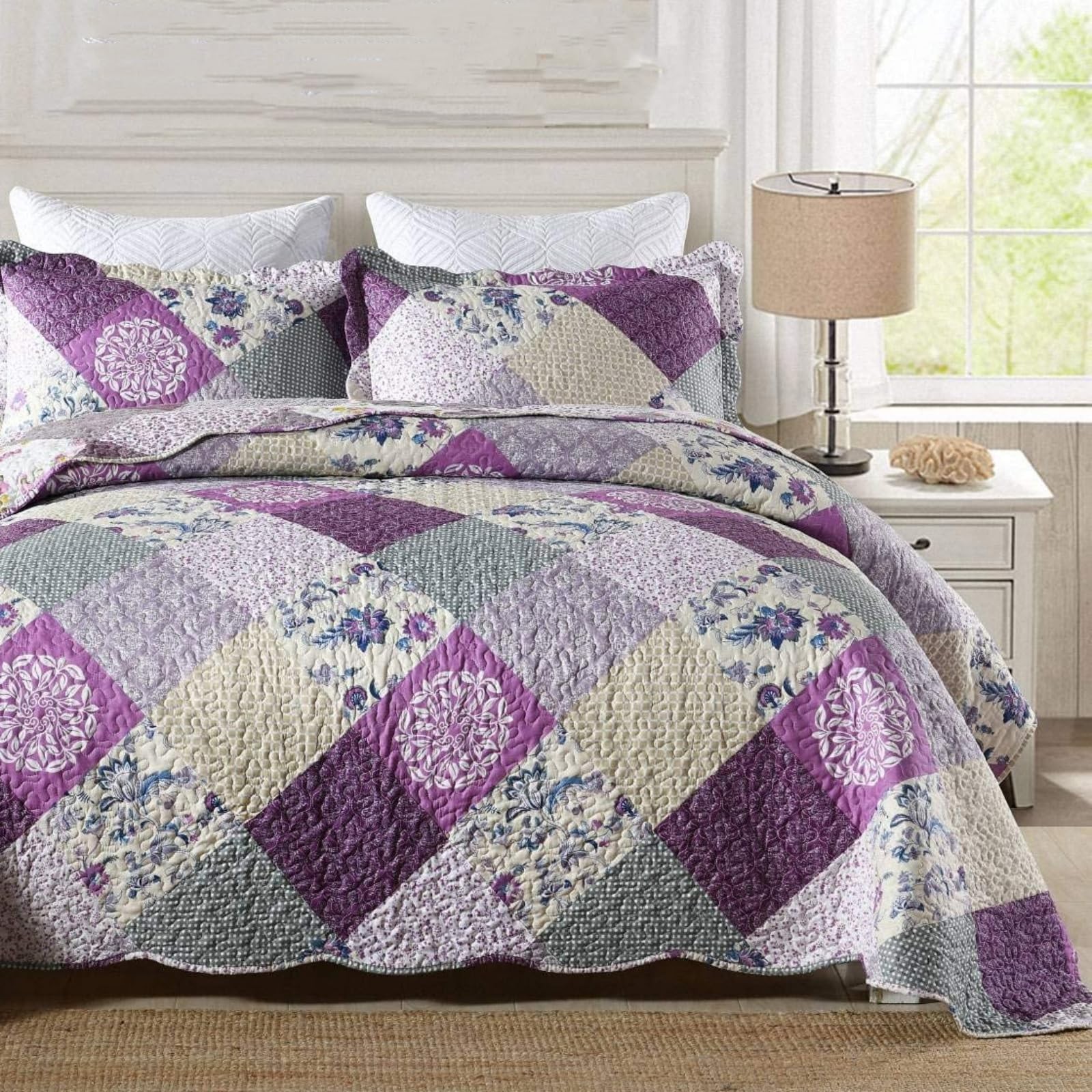 Purple Queen Quilt Bedspreads Queen Size Reversible Patchwork Floral Quilt
