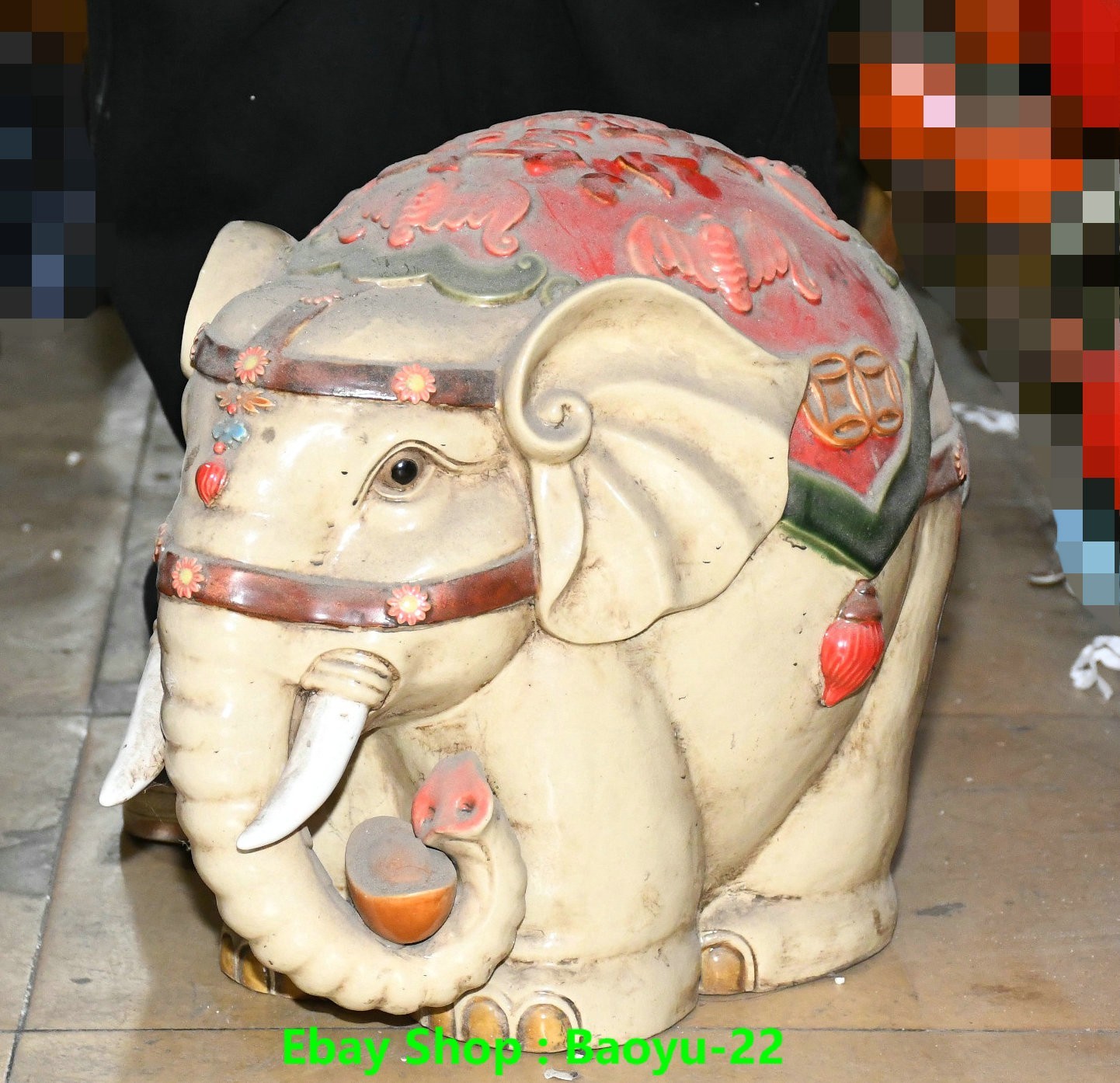 15''Old Chinese Shiwan Porcelain Fengshui Wealth Bat Elephant Animal Statue
