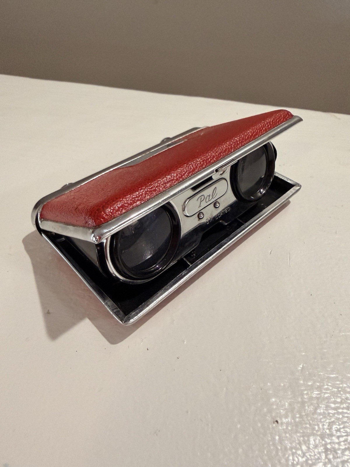 Vintage PAL 3X Folding Opera Glasses Red Leather Pocket Theater Binoculars 