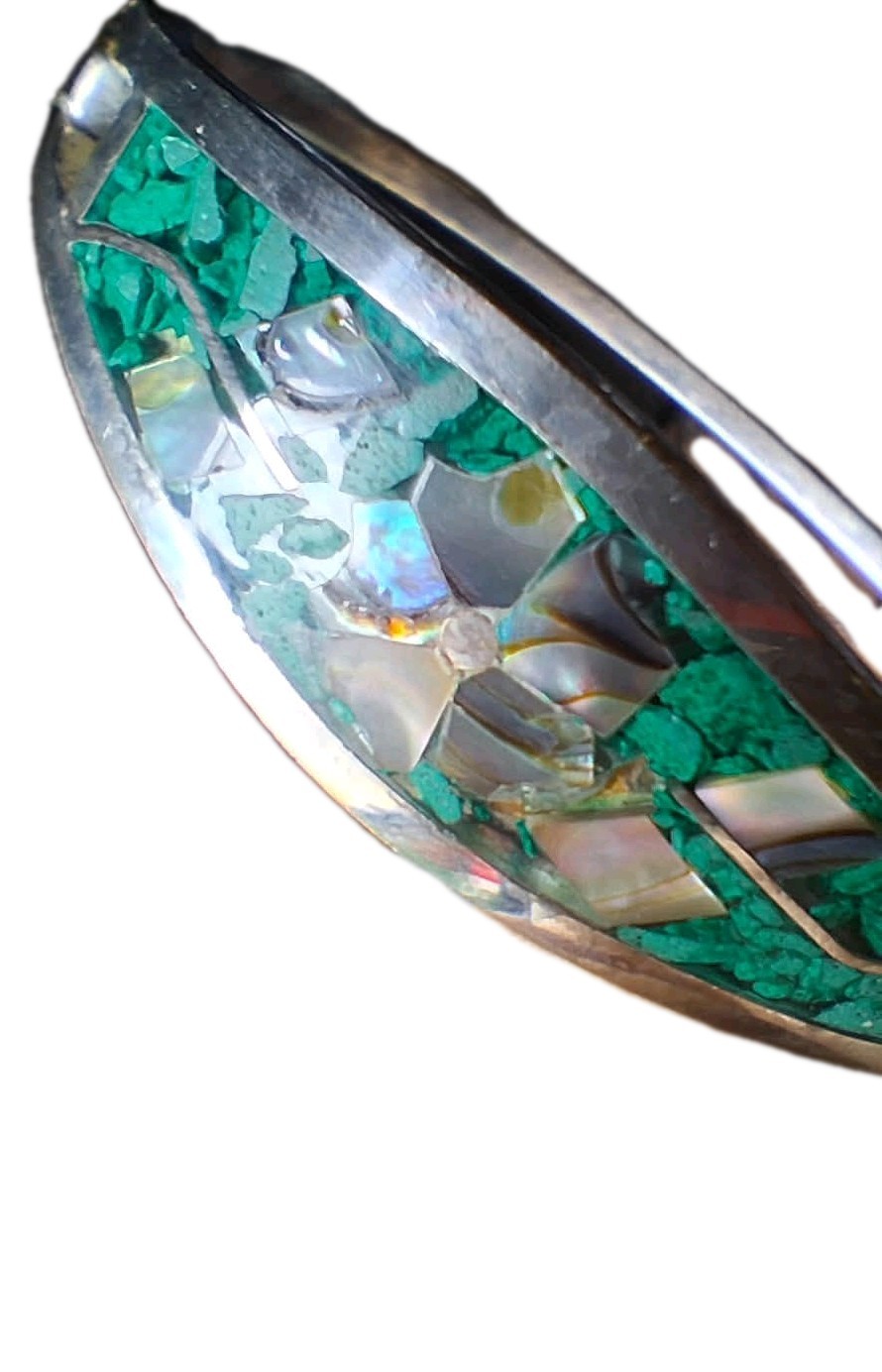 Vintage Mexico Taxco .925STERLING Silver Turquoise Abalone Inlay Hinged Bracelet
