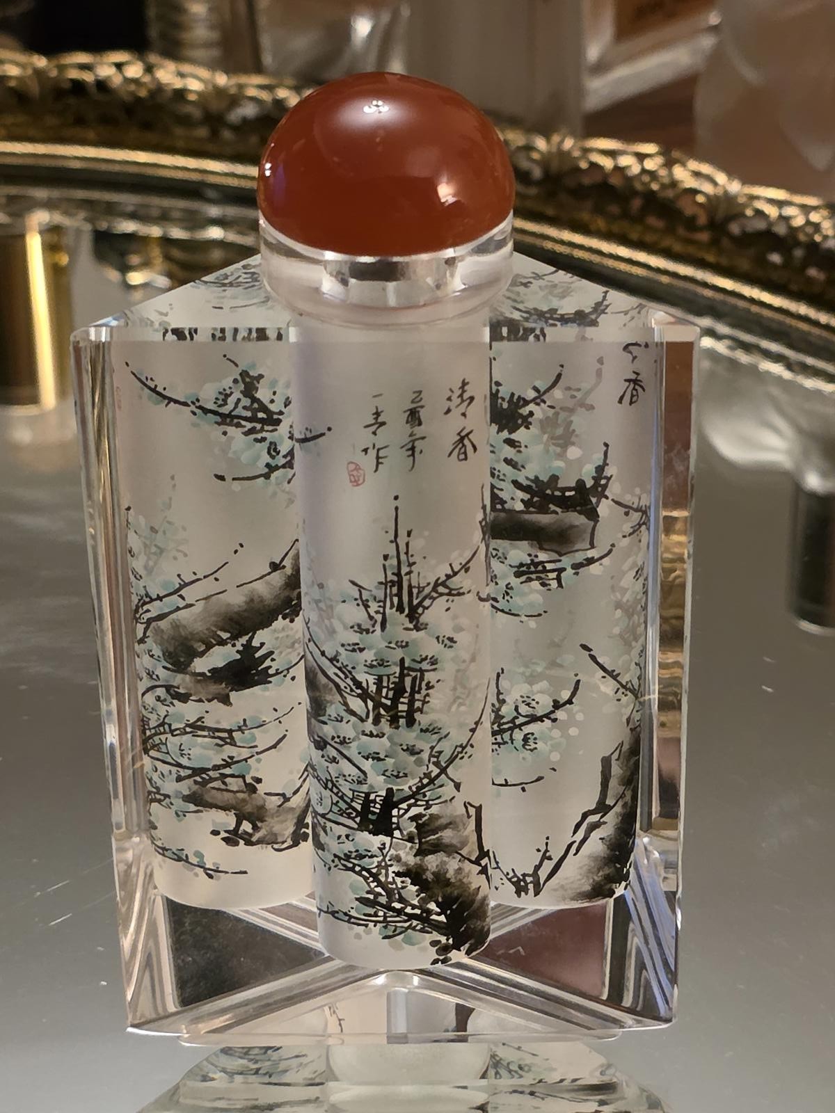 Vintage Triangular Chinese Reverse Painted Crystal Scent Bottle