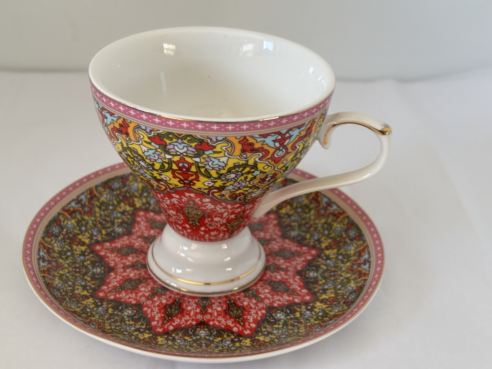 New GRACE'S TEAWARE Colorful Porcelain Pedestal Gold Trim Tea Cup and Saucer Set
