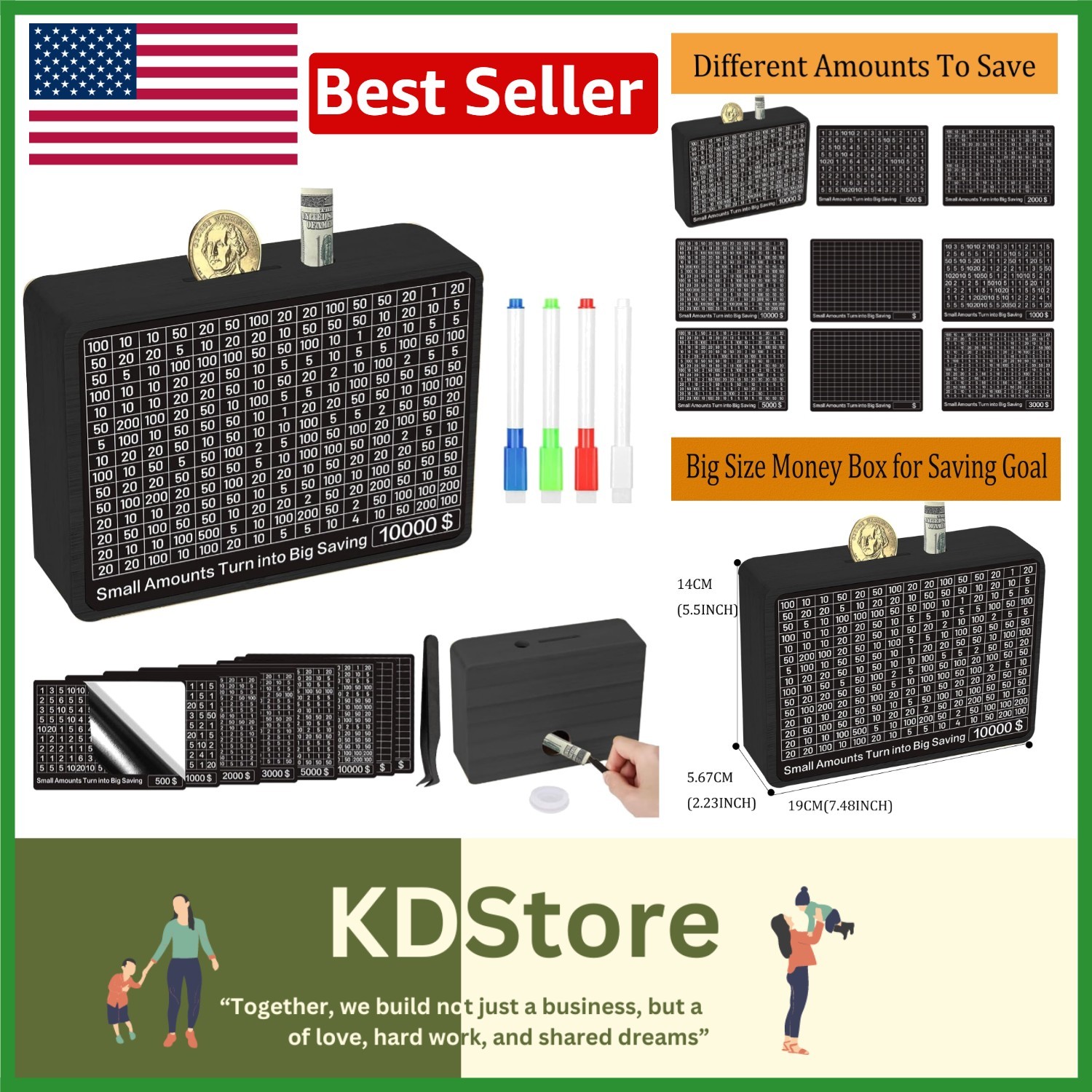 Wooden Money Saving Box Piggy Bank for Kids & Adults, Budget Goals, No Install