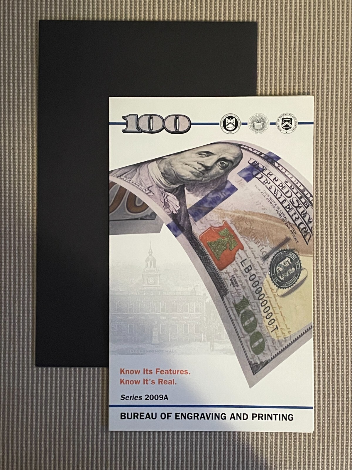 2009 $100 4-Note Sheet Uncut Currency BEP FOLDER & BLACK ENVELOPE ONLY NO NOTES