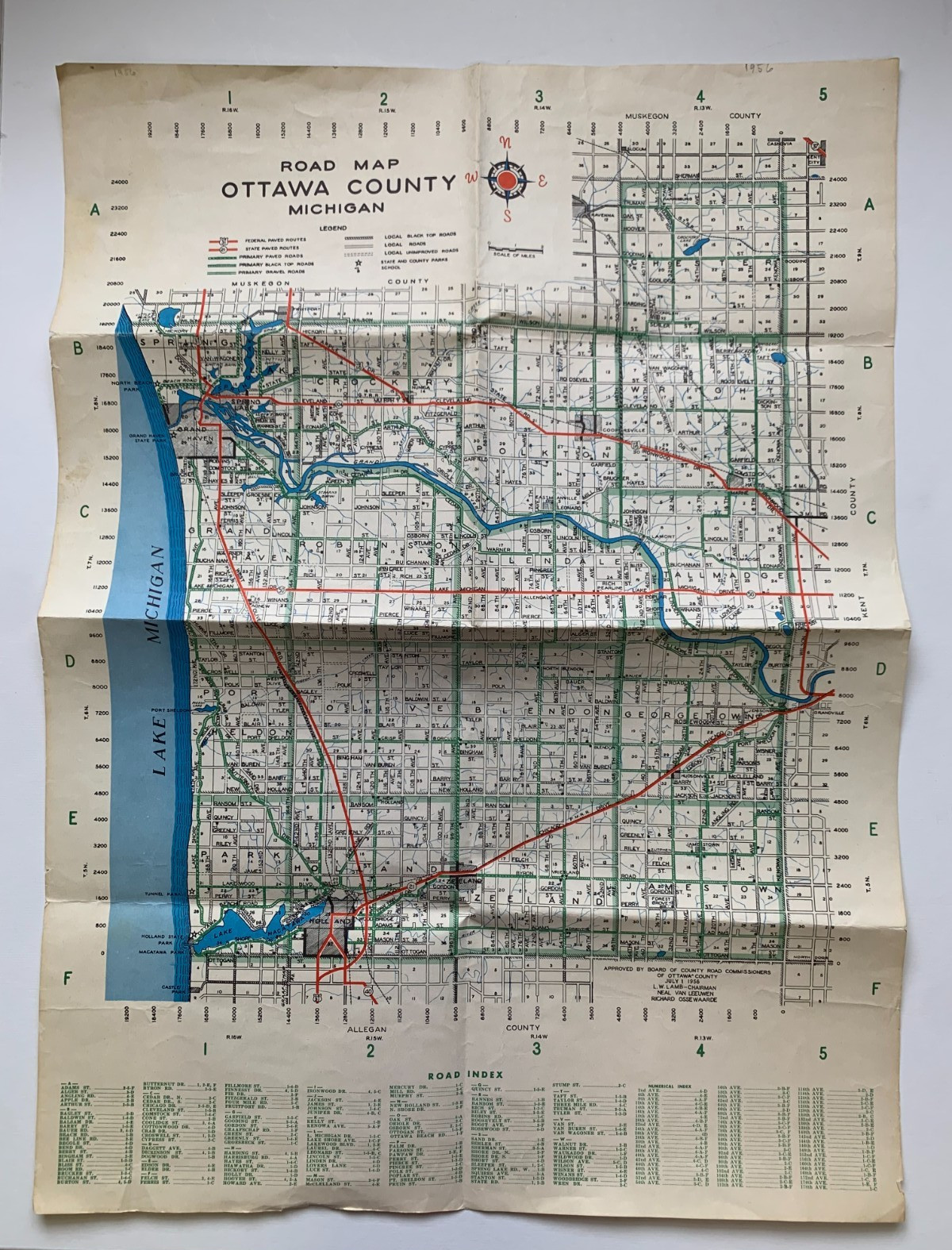 Vintage 1956 ROAD MAP OTTAWA COUNTY Michigan, road index