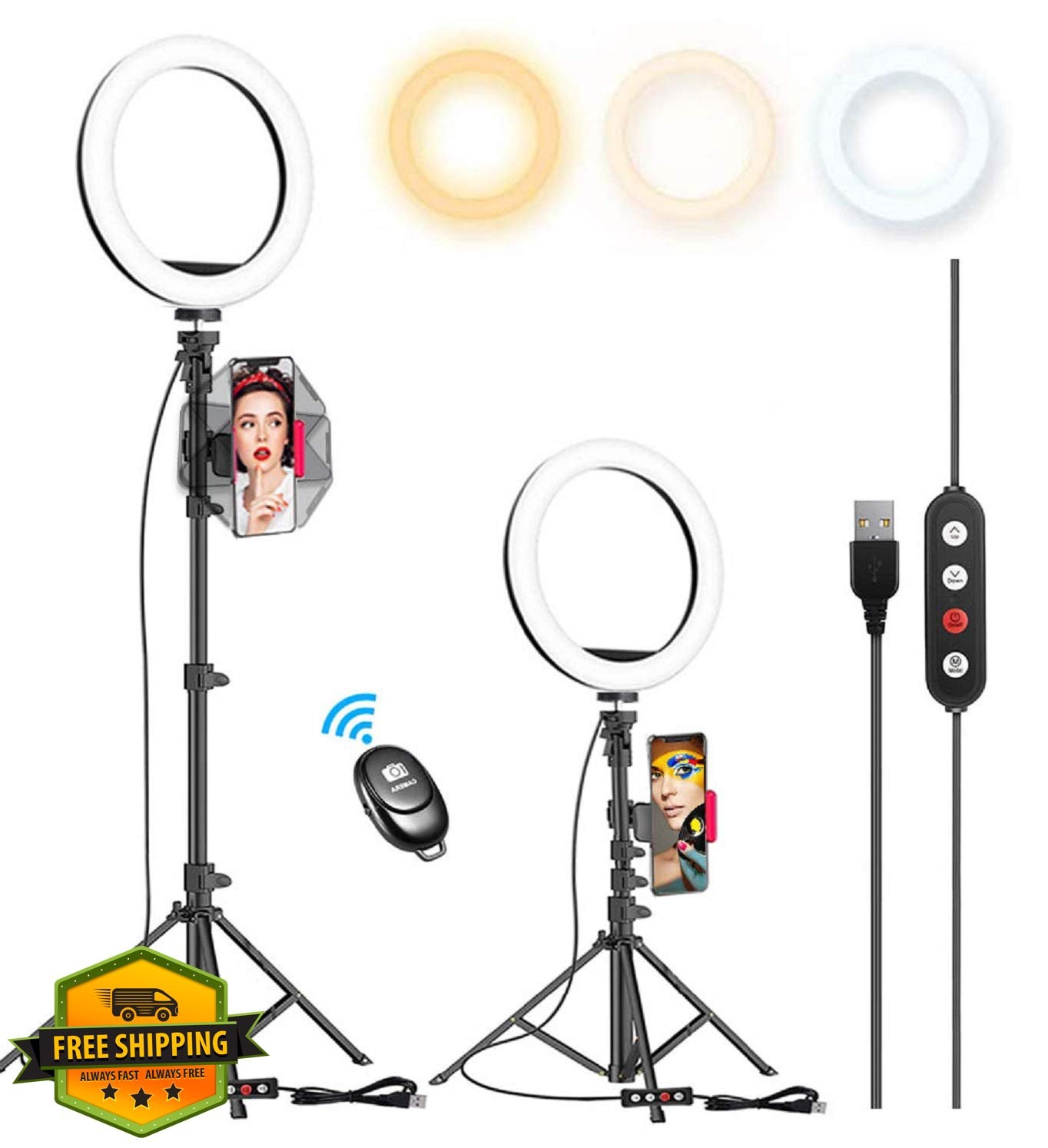 Kaiess 10.2" Selfie Ring Light, Tripod Stand, Phone Holder, Dimmable LED