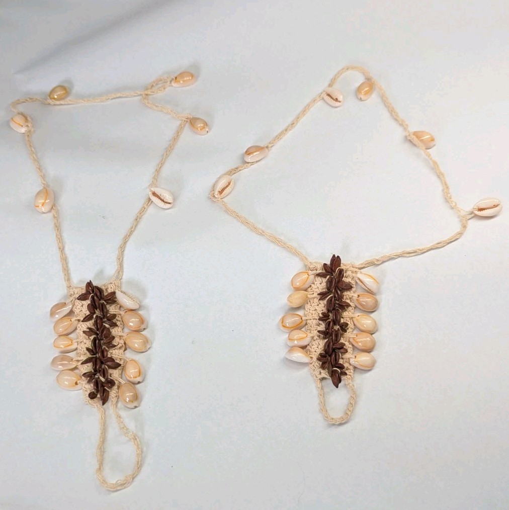 2 Vintage Tahitian Pukka Shell Pouch Shaped Pendant Macrame Necklace 