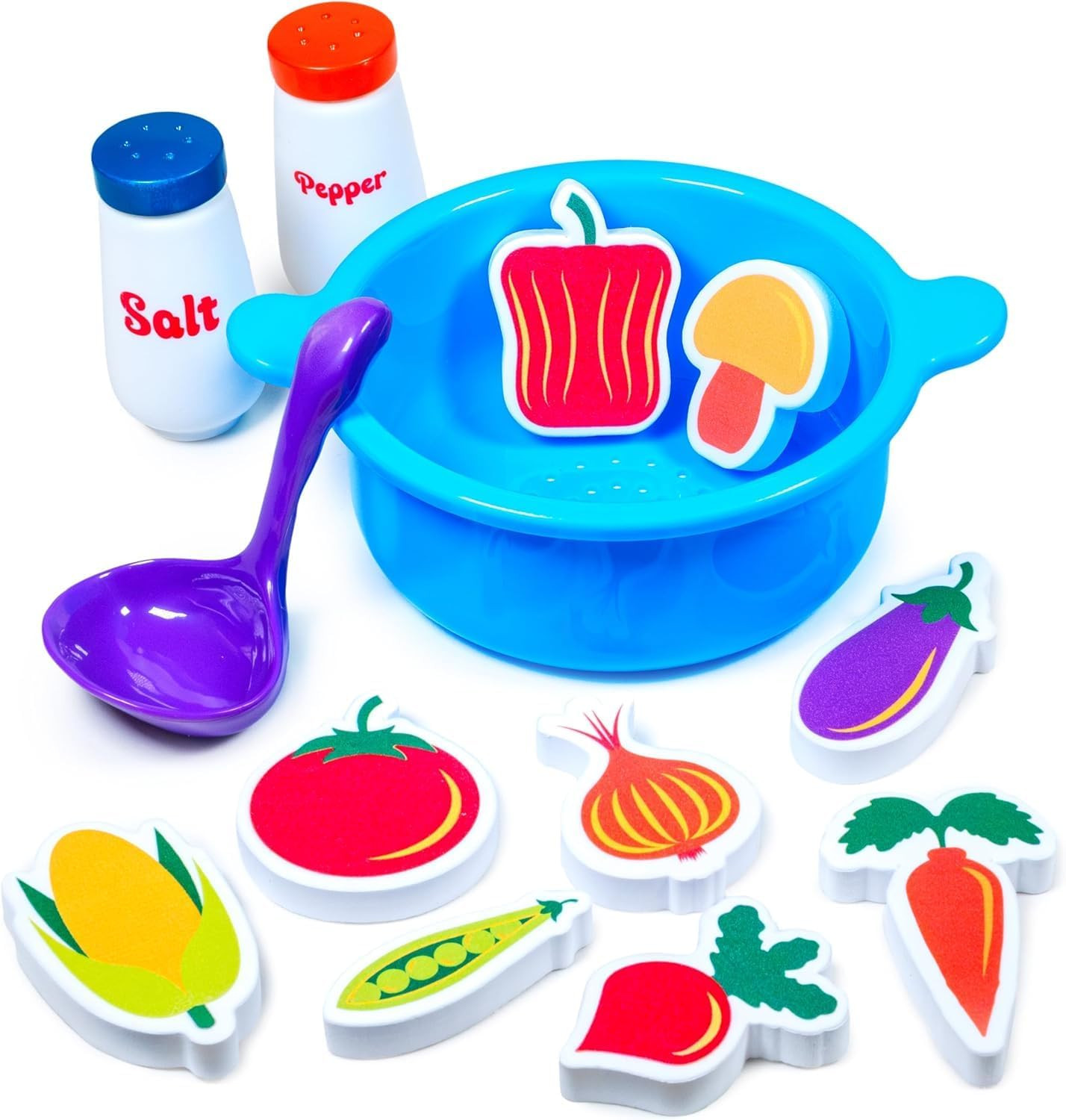 ® Tub Soup™ Scoop, Strain & Play Toddler Bath Toy | Floating Foam Veggies, Ladle