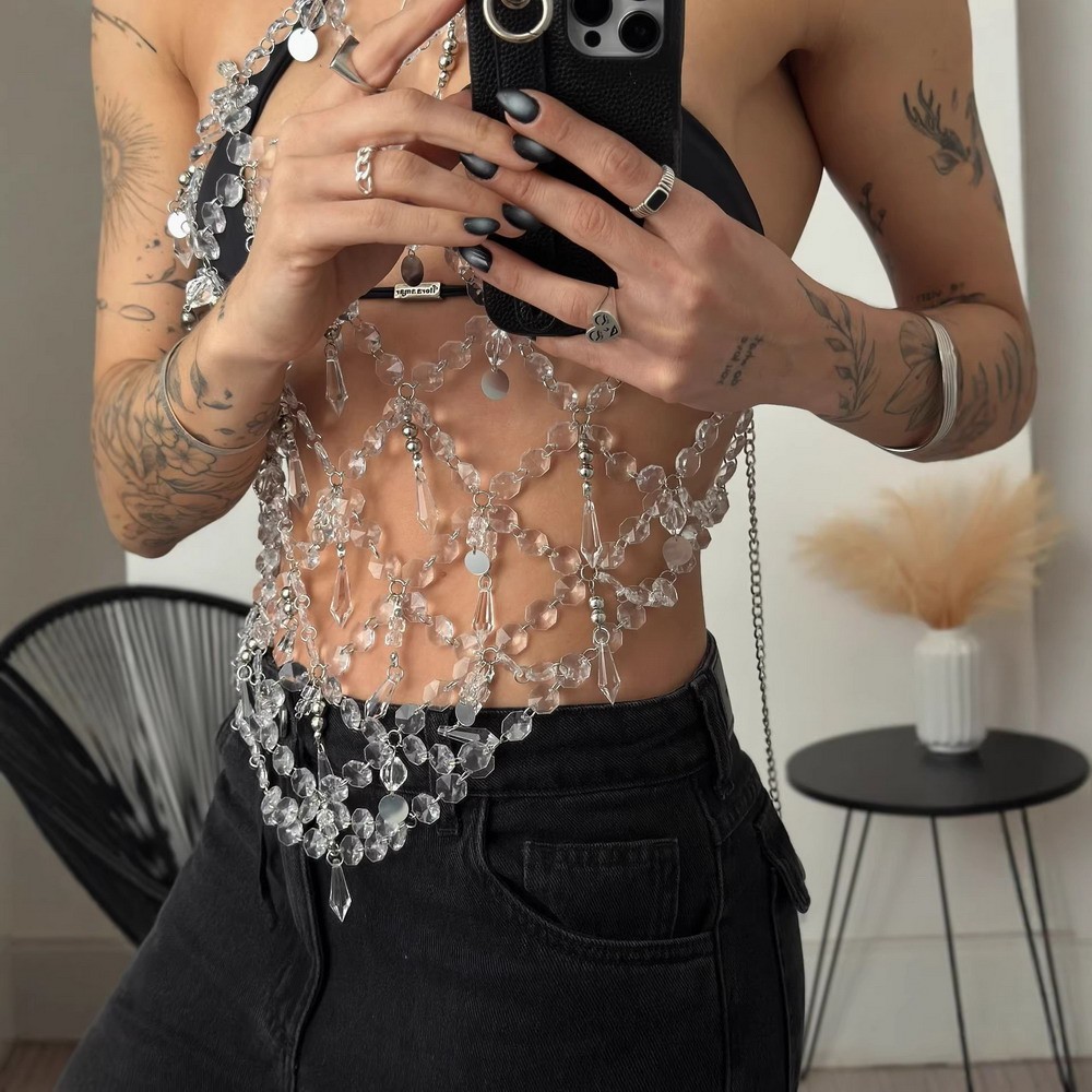 Women vest Droplet Nets Crystal Tassel Fashion Metal Party Club body chain 91831