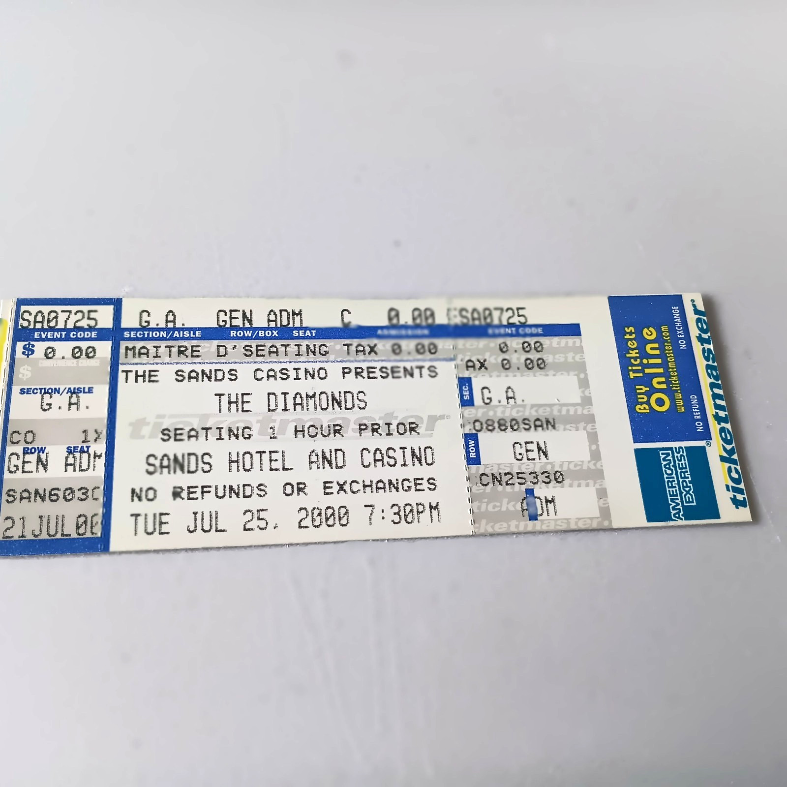 "THE DIAMONDS" SHOW TICKET 7/25/2000 SANDS HOTEL & CASINO ATLANTIC CITY UNUSED