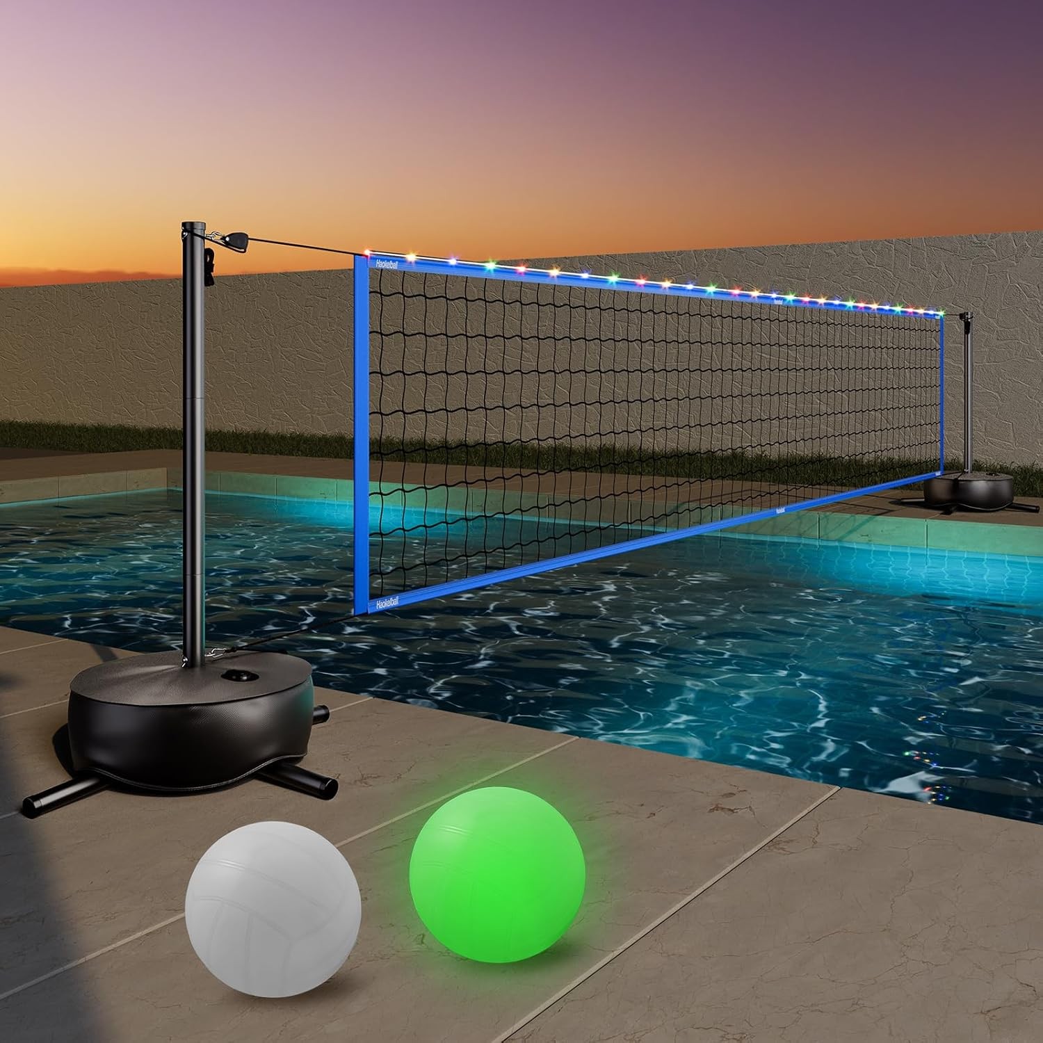 Pool Volleyball Net Set w/LED Light & Volleyball,Adjustable Length Weighted Gift