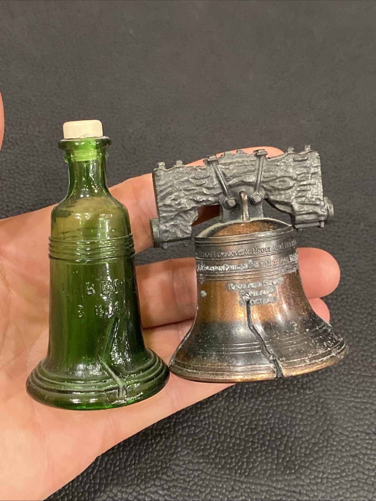 Vtg Green Art Glass Replica 2.5” Liberty Bell 3.25” Cologne Bottle Collectible