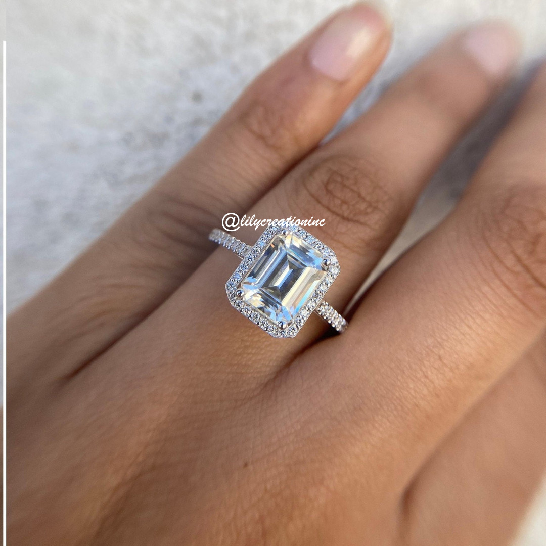 5 Ct Emerald Cut Halo Lab Grown Diamond Engagement Ring VS1 E-F 14K White Gold
