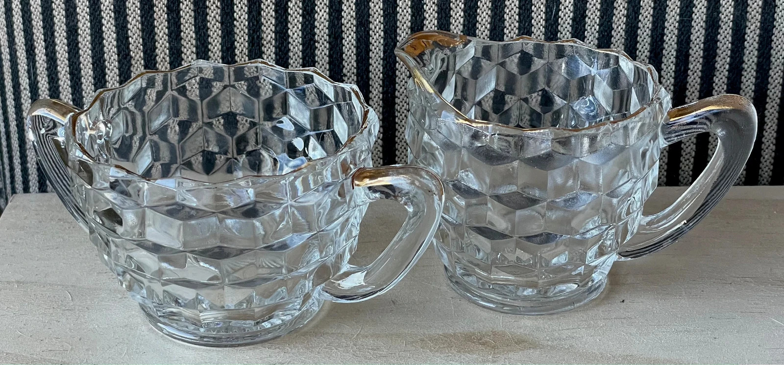 Vintage Jeanette Cubist Glass Sugar Bowl and Creamer Set, Gold Trim