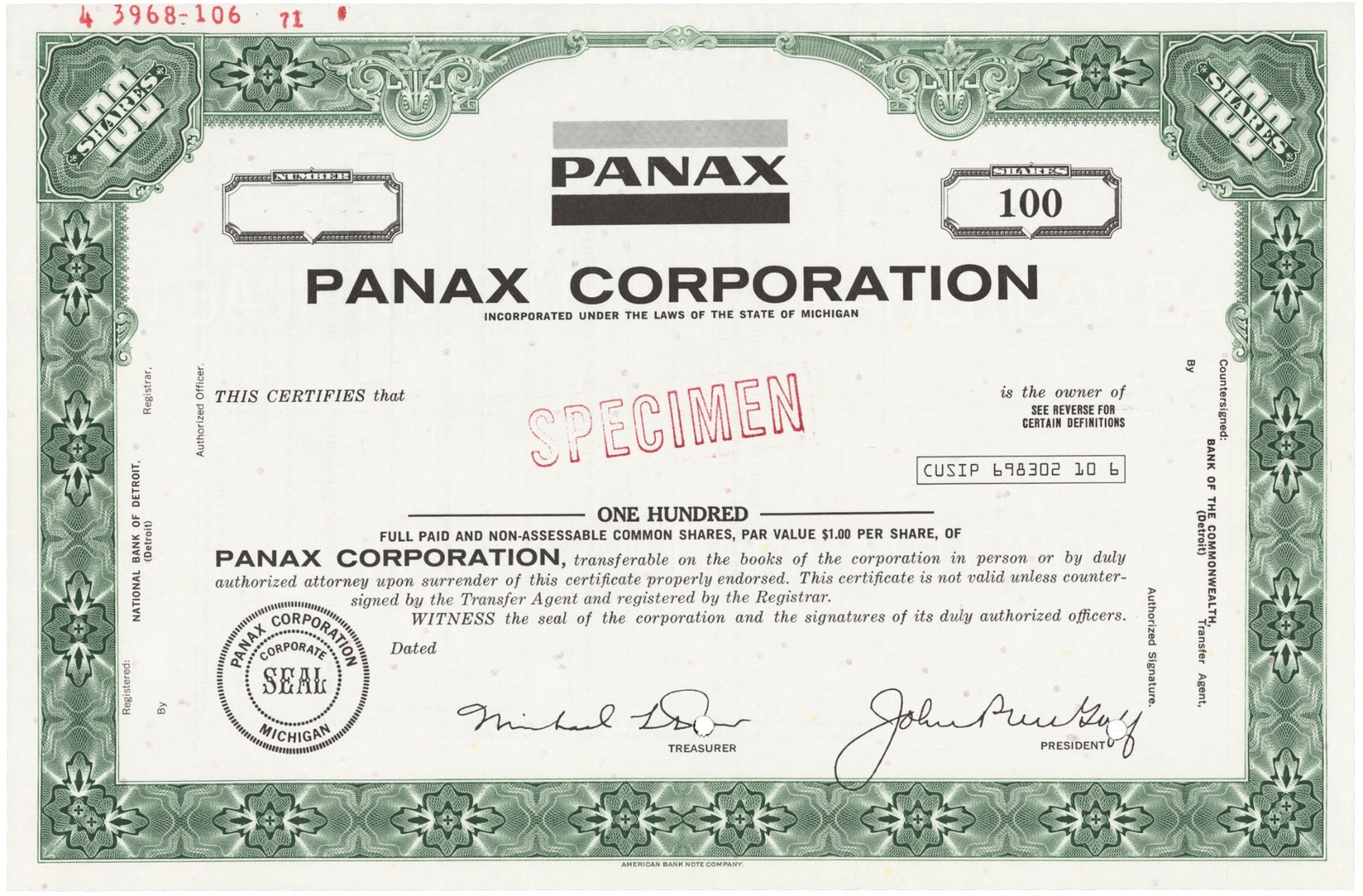 Panax Corporation. Stock Certificate.