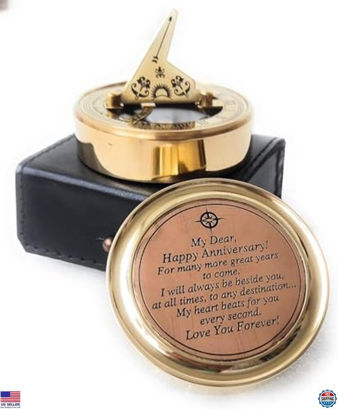 Handmade Antique Brass Engraved Sundial Compass Clock with Leather Case Gift