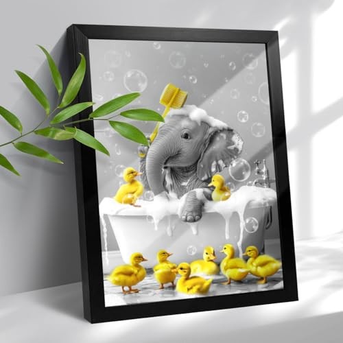 Framed Bathroom Decor Wall Art Black and White Bathroom 12"L x 16"W Elephant