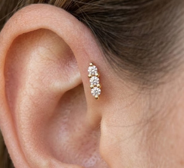 10K Gold Diamond Helix Stud | Triple Diamond Cartilage Ear Piercing