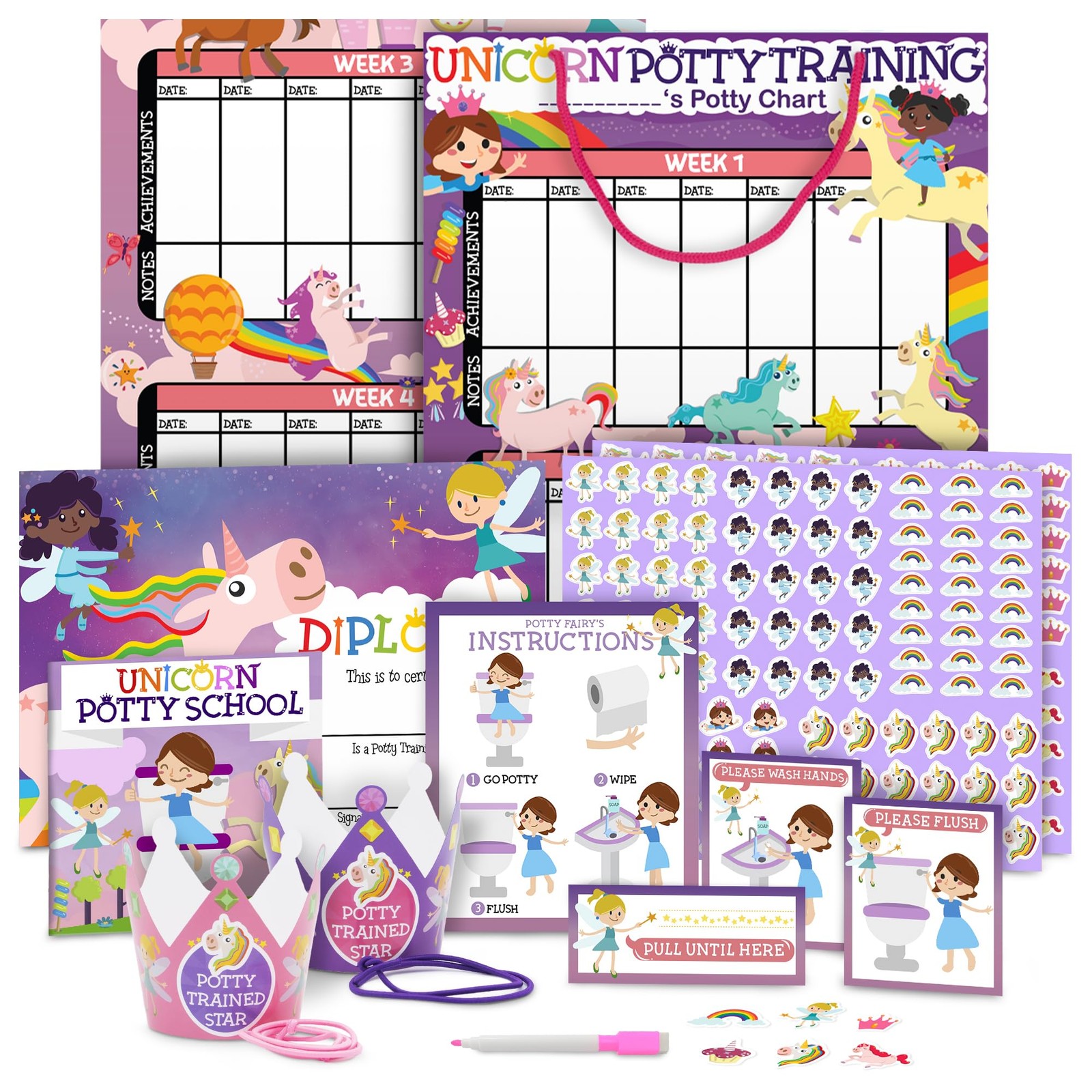 Potty Training Chart for Toddlers Girls, Unicorn 5 Piece Set, Unicorns 1 
