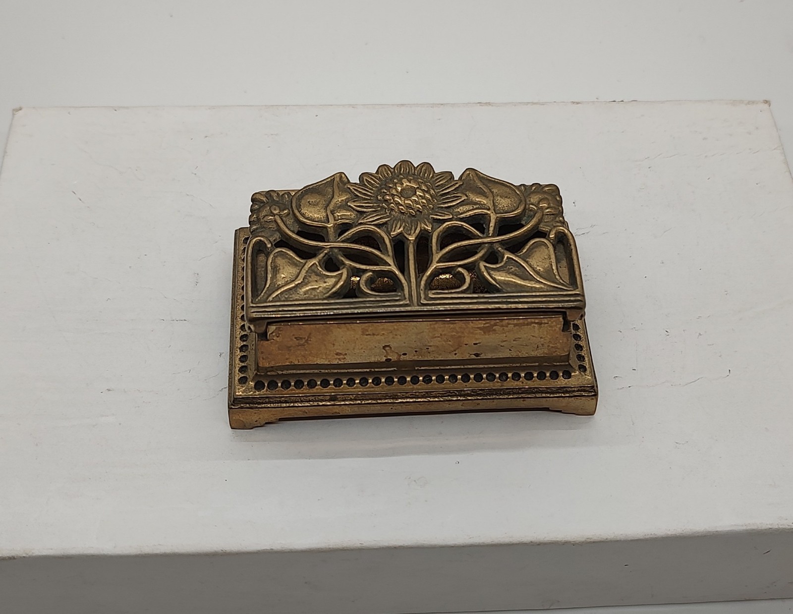 Vintage Brass Desktop Stamp Holder Hinged Box w Sunflower Crowning Touch