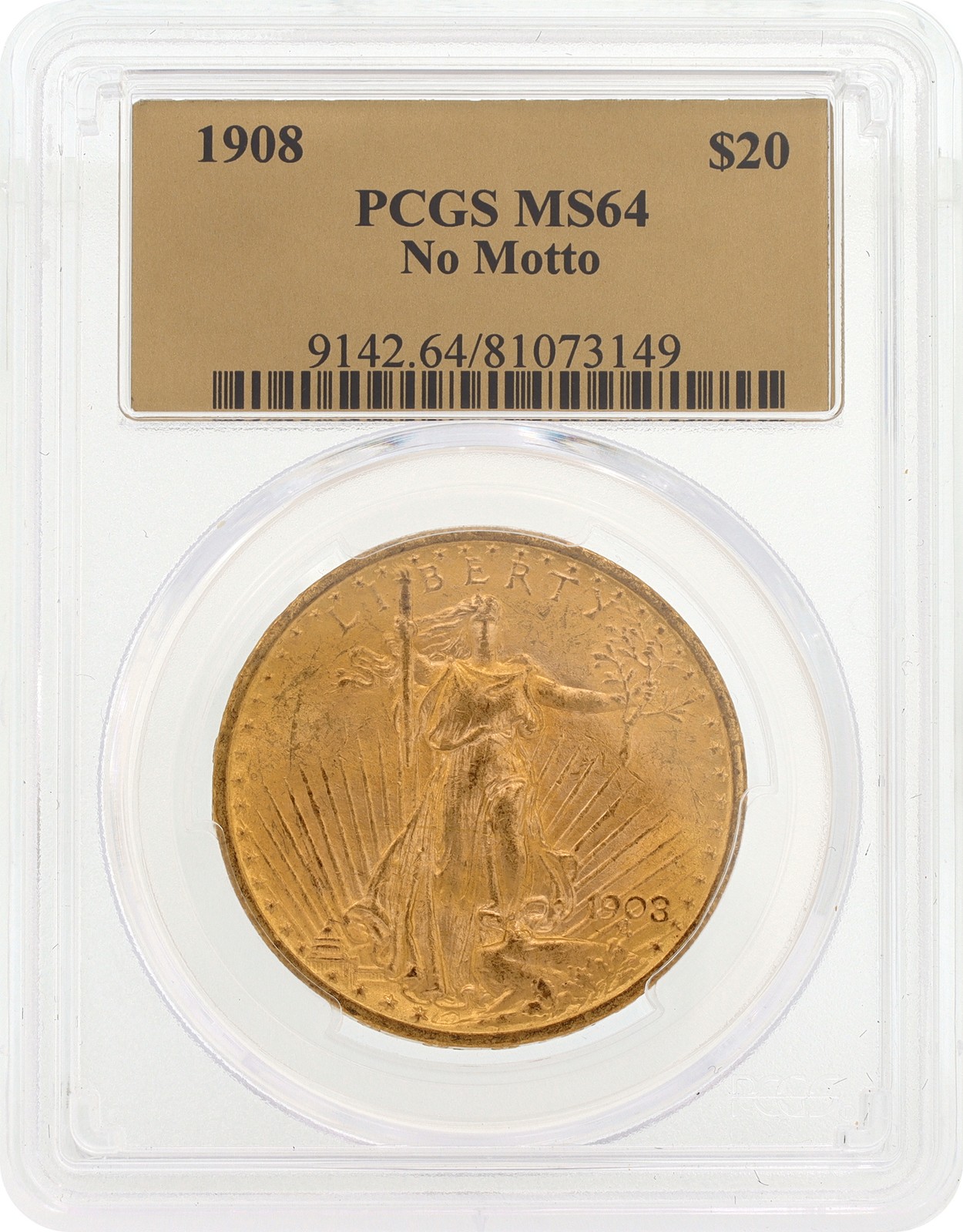 PCGS graded and authenticated MS64 1908 U.S. $20 Saint-Gaudens Double Eagle