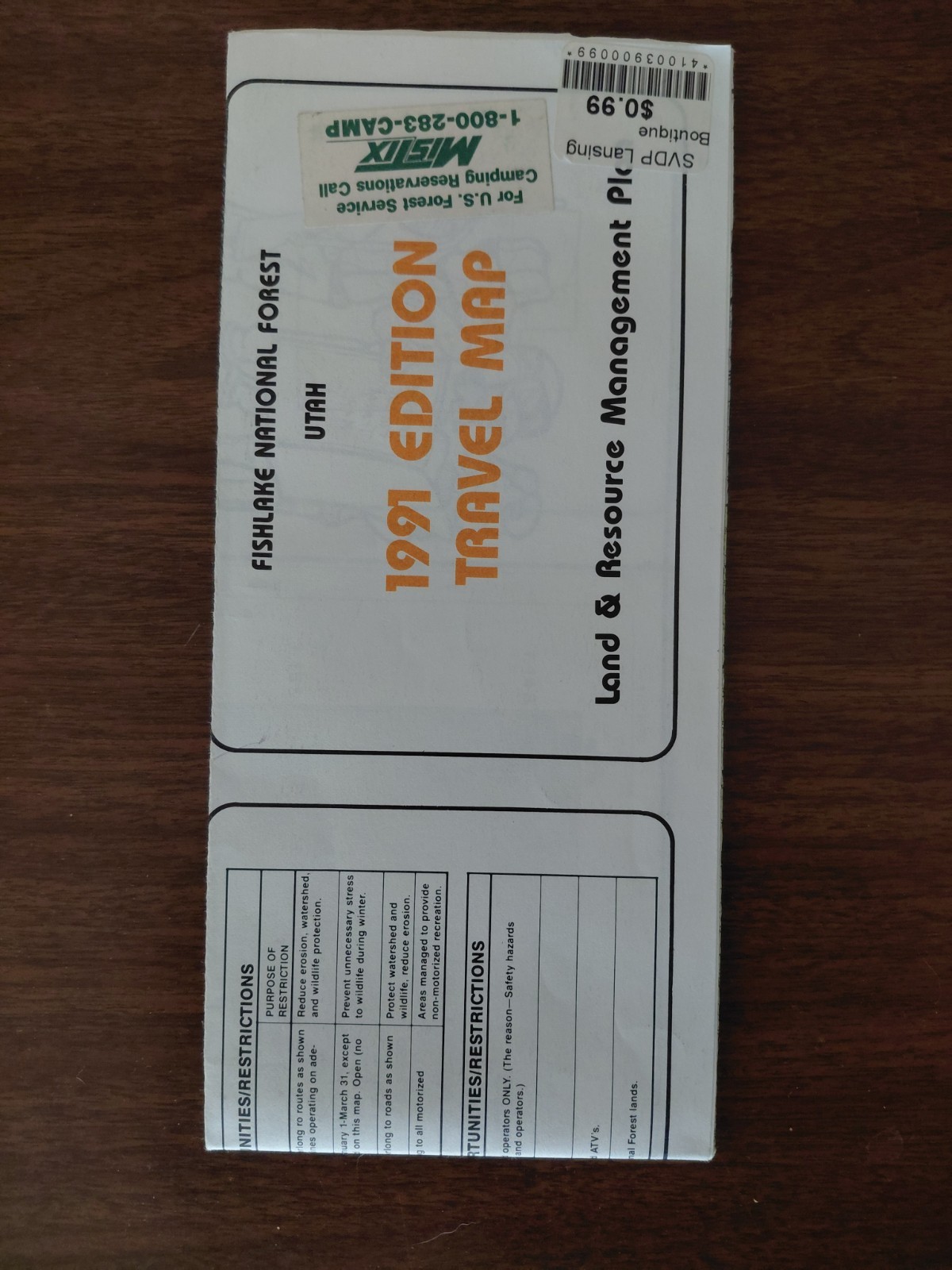 FISH LAKE NATIONAL FOREST 1991 MAP US FOREST SERVICE VINTAGE RARE 35.7" x 23"