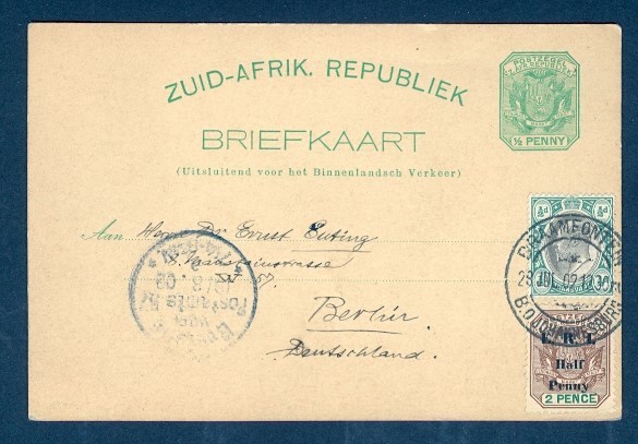 TRANSVAAL 1902 UPRATED POSTAL CARD TO GERMANY