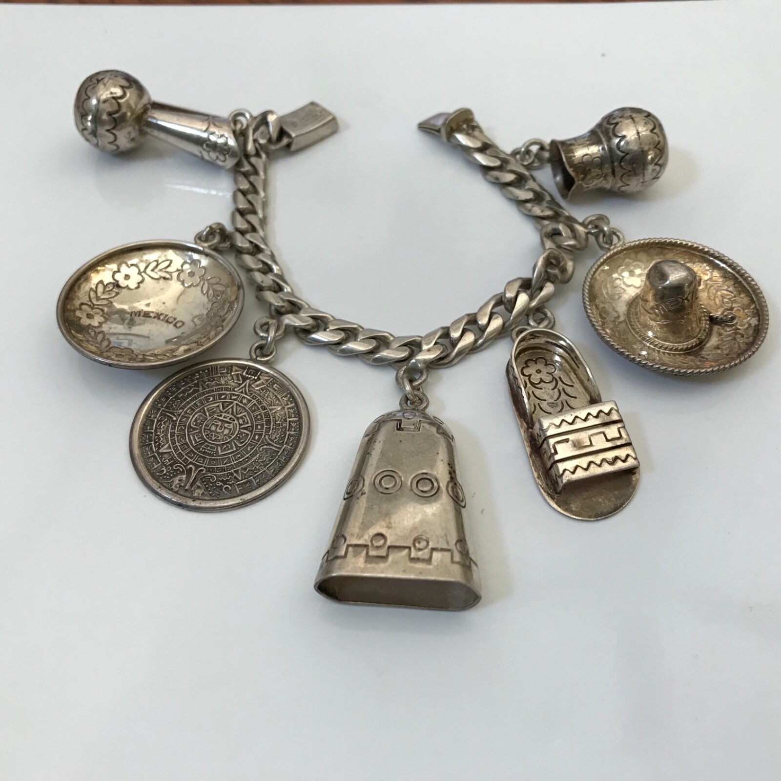 VTG Sterling Silver CASTELAN Charm Bracelet with 7 Large Sterling Charms 15 Eagl