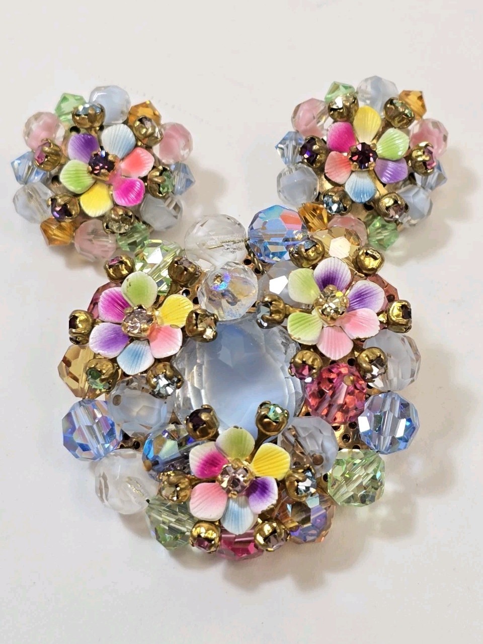 Vintage Laguna Pastel Enamel Flowers Rhinestone Beads Brooch & Earrings