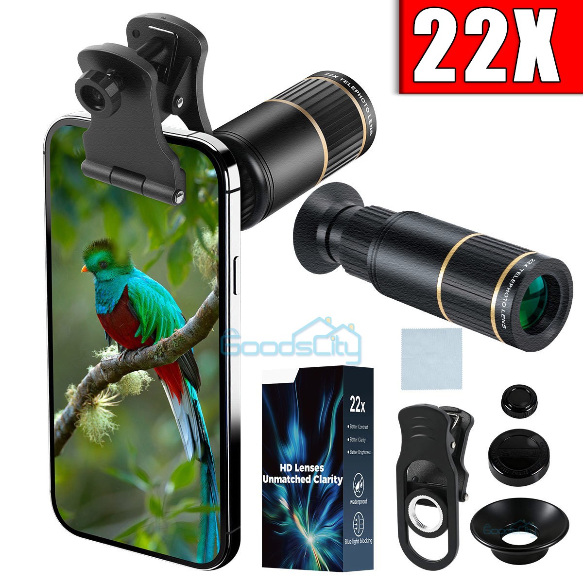 22X Magnification Monocular Camera Hiking Camping High Power Telescope + Clip