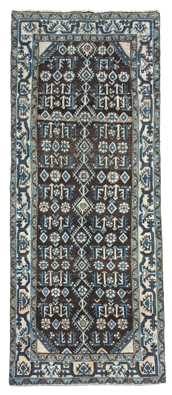 Hand Knotted Vintage Wool 3'7"x9'11" Rug Brown Geometric Tribal Oriental Runner