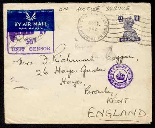 INDIA FORCES IN IRAQ 1942 CENSOR TO UK