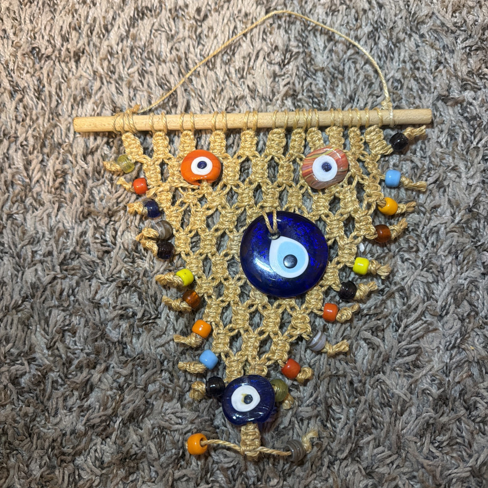 Evil Eye Hamsa Blue Glass And Woven Macramé With Beads Hanger 