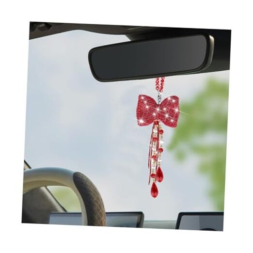 Bling Bow Car Rear View Mirror Pendant, Cute Crystal Rhinestone Vehicle Red