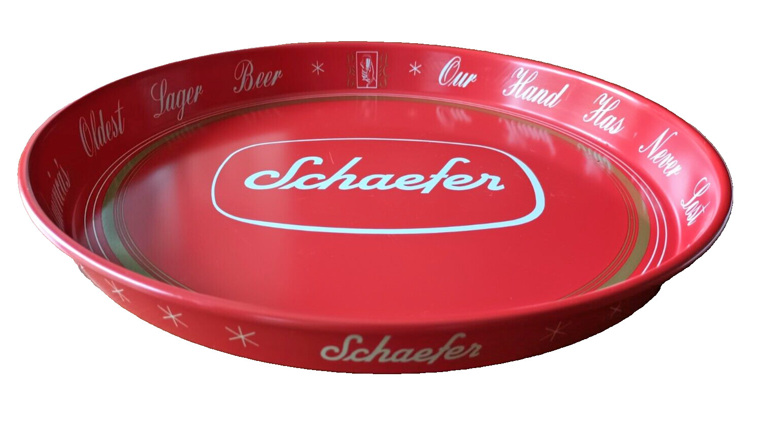 11 3/4" RED SCHAEFER BEER METAL SERVING TRAY - CANCO 1971